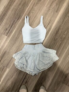 Women's Light Blue Lace Ruffle Crop Top & Shorts Set
